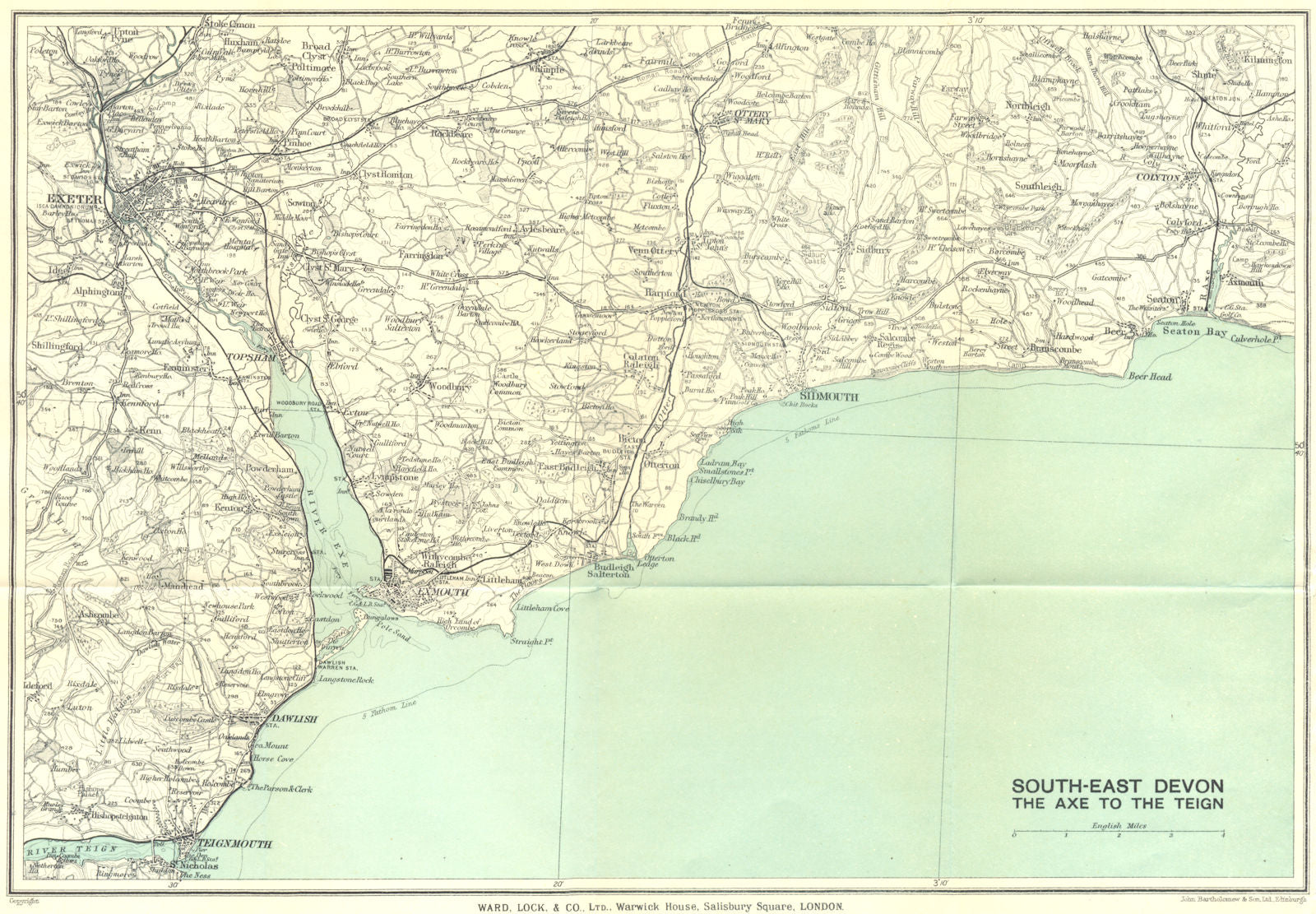 SOUTH EAST DEVON Exeter Teignmouth Exmouth Dawlish Sidmouth Seaton 1929 map